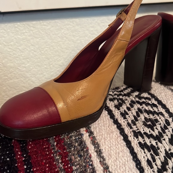 bebe US 7 1/2 Burgundy & Tan Leather Slingback Chunky High Heels Made in Spain - Picture 4 of 6